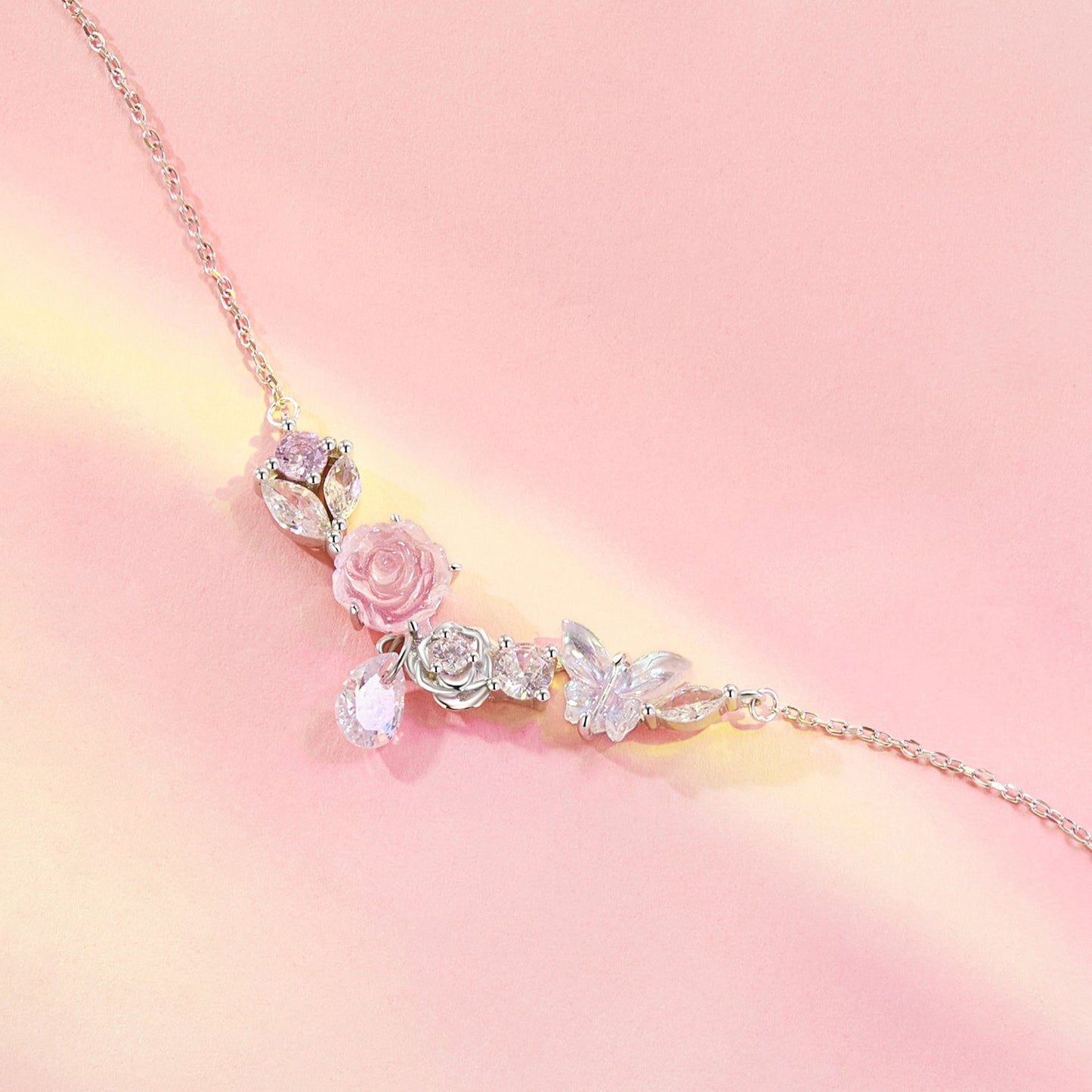 925 Sterling Silver Necklace with CZ & Resin Pendant, 18x39mm, Plated with White Gold