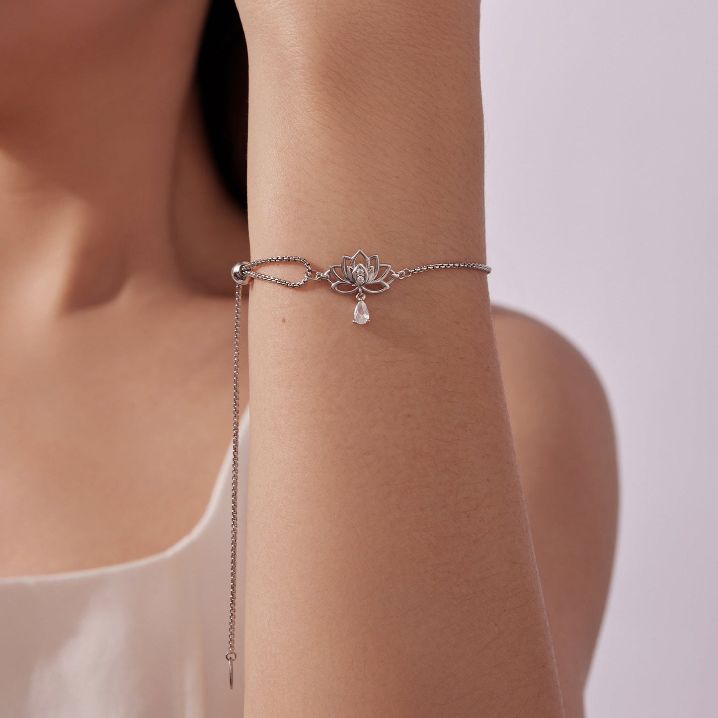 925 Sterling Silver Adjustable Chain Bracelet with White Gold Plating and CZ for Women