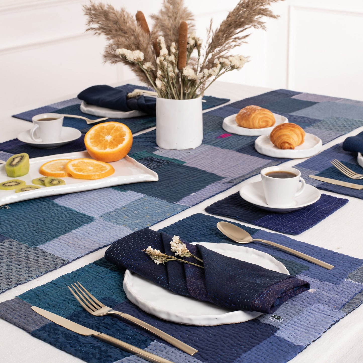 S/2 Landscape Fray Patch Vintage Kantha Placemat - Navy