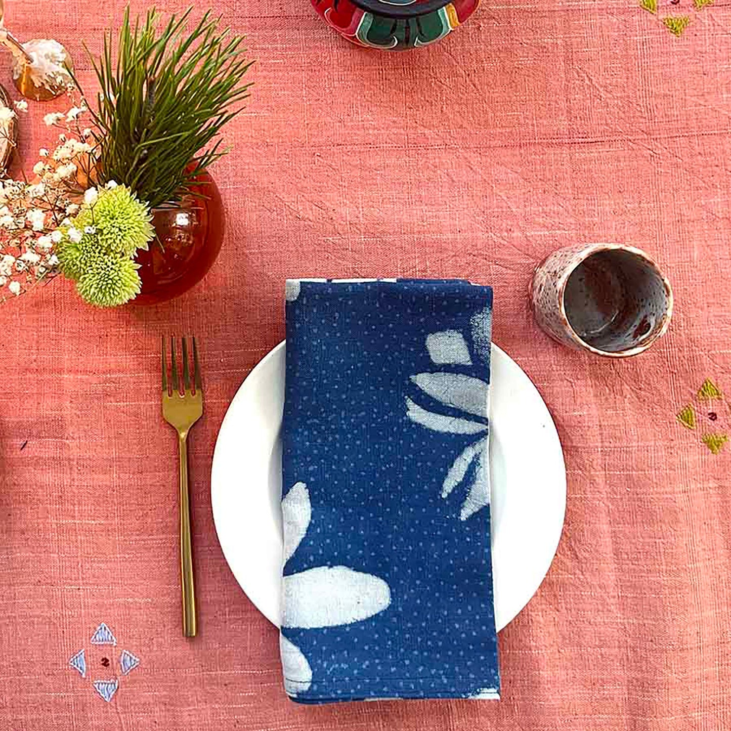 Hand Block Printed Blue Lotus Napkin (Set of 4) - Lotus Blue