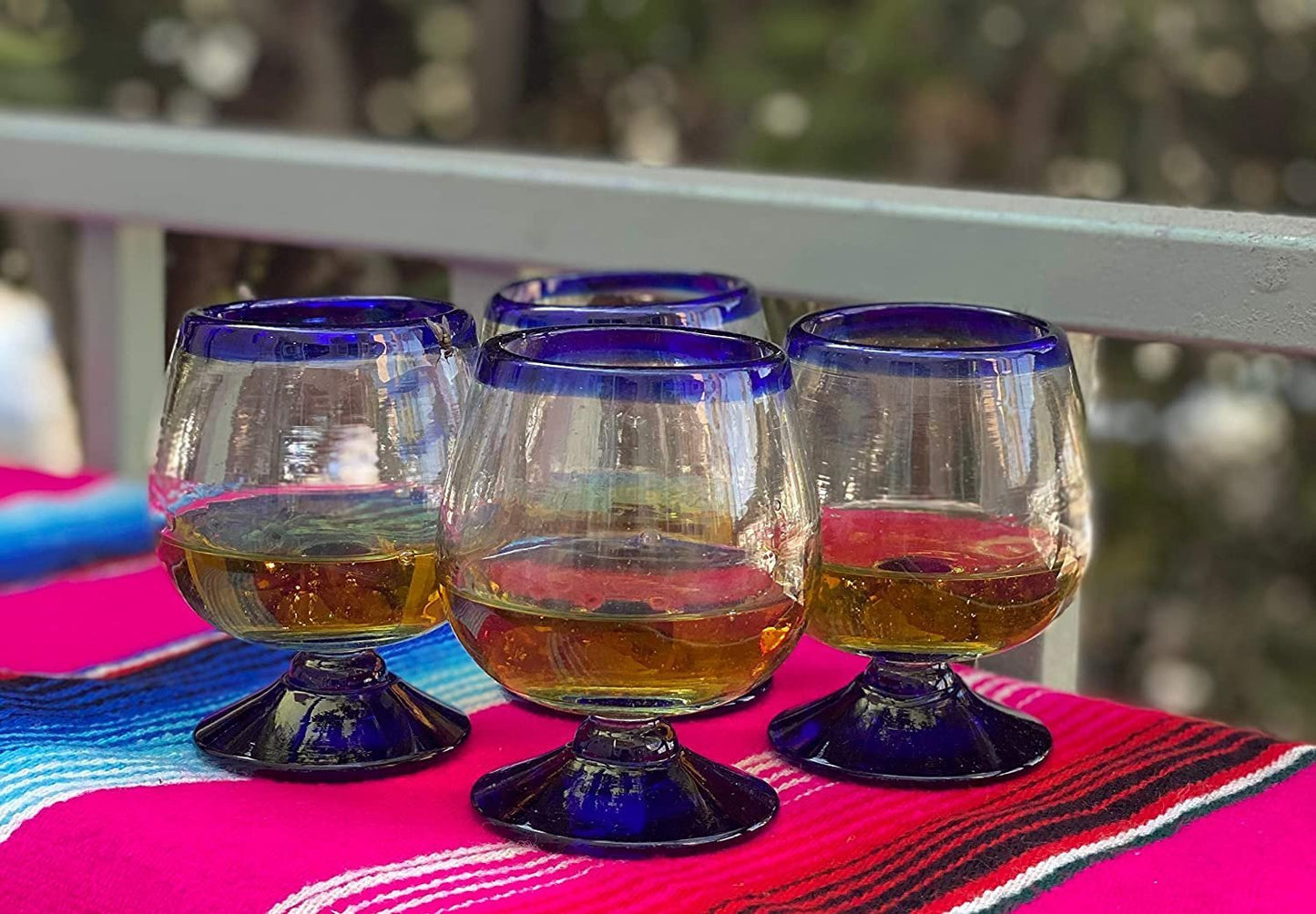 Cobalt Blue Rim Cognac Snifter Tequila Glasses - Set of 4