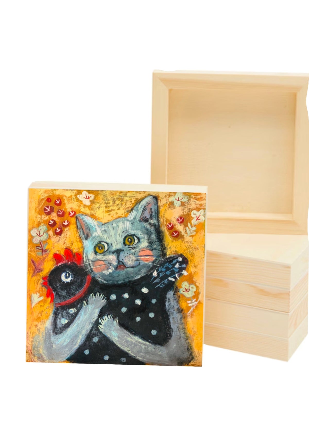 Echoes of Innocence: Cat Hugging a Chicken, Whimsical Pastel Art Print on Board