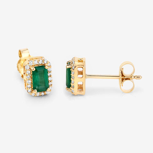 0.91 Carat Genuine Zambian Emerald and White Diamond 14K Yellow Gold Earrings
