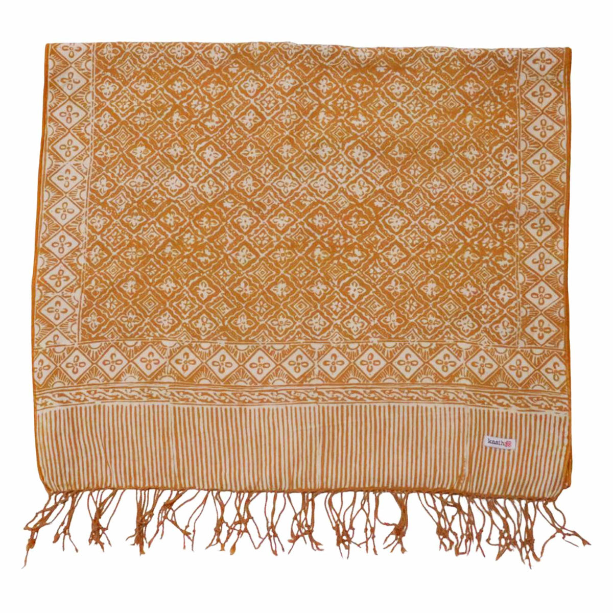 Handmade Batik Scarf, Soft Cotton, Frangipani, Kamboja, Yellow, Brown, Cream, Fall, Autumn