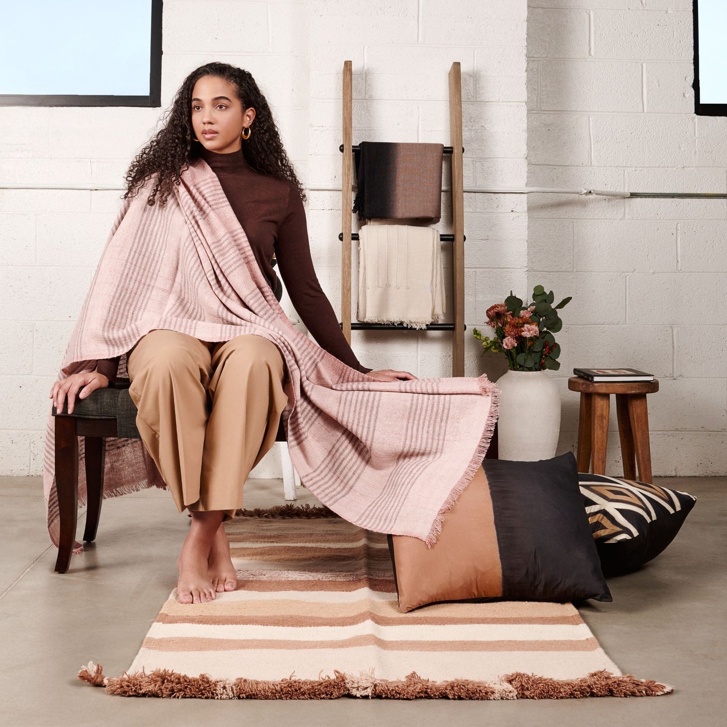 Silica Rose In Shades of Salmon Gray Stripes Pattern Soft Handwoven Merino Throw