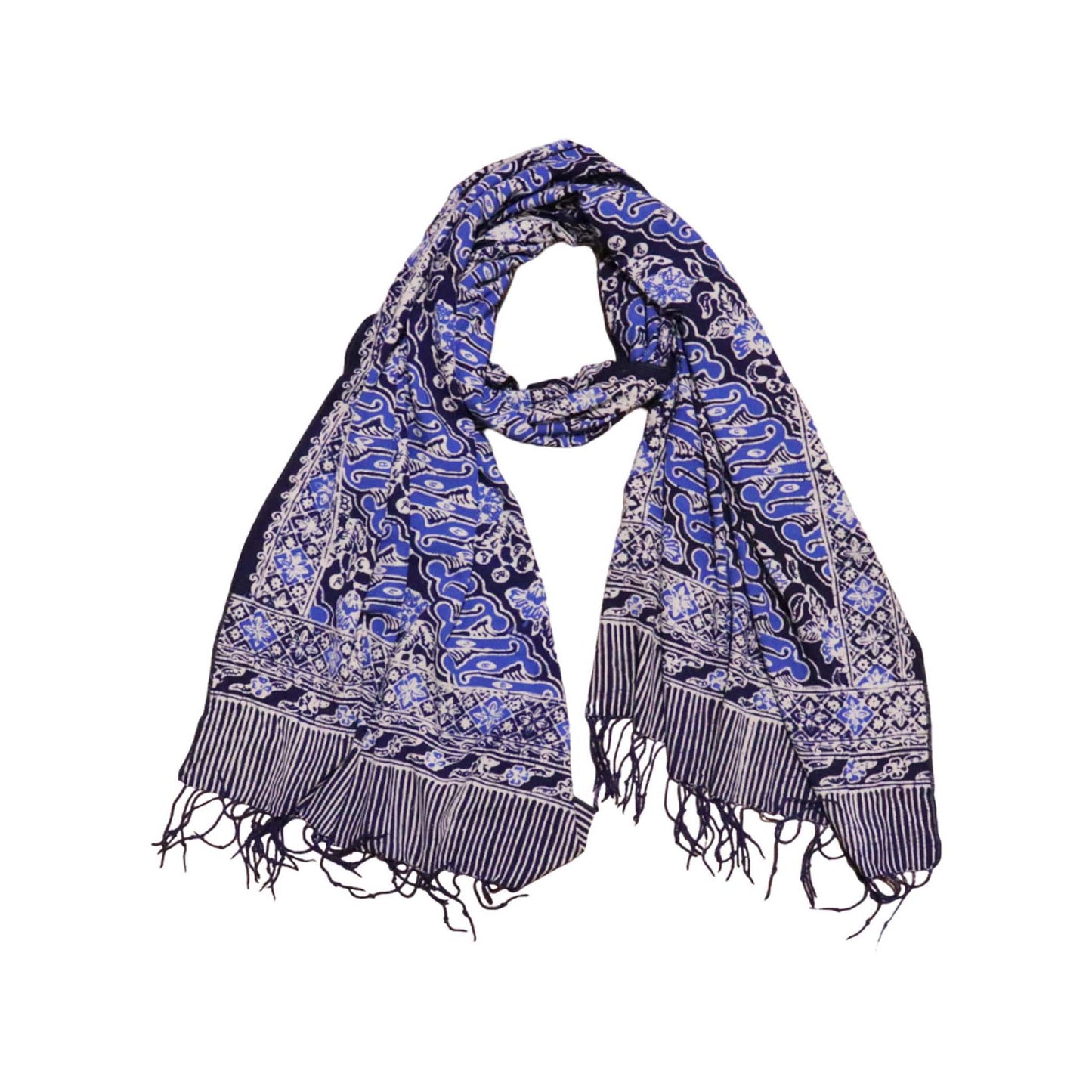 Handmade Batik Scarf, Soft Cotton, Midnight Autumn, Blue Black Navy, White