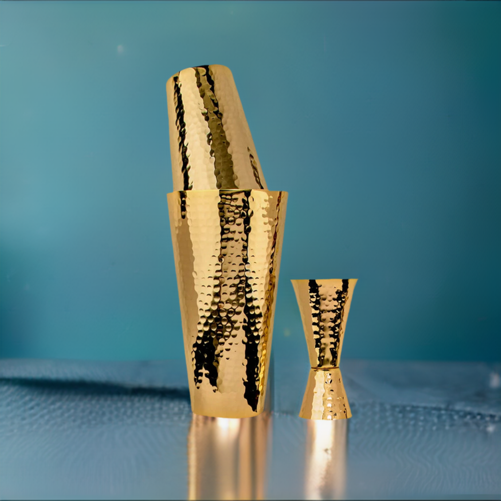 24K Gold Plate Hammered Copper 3 Piece Cocktail Shaker Set