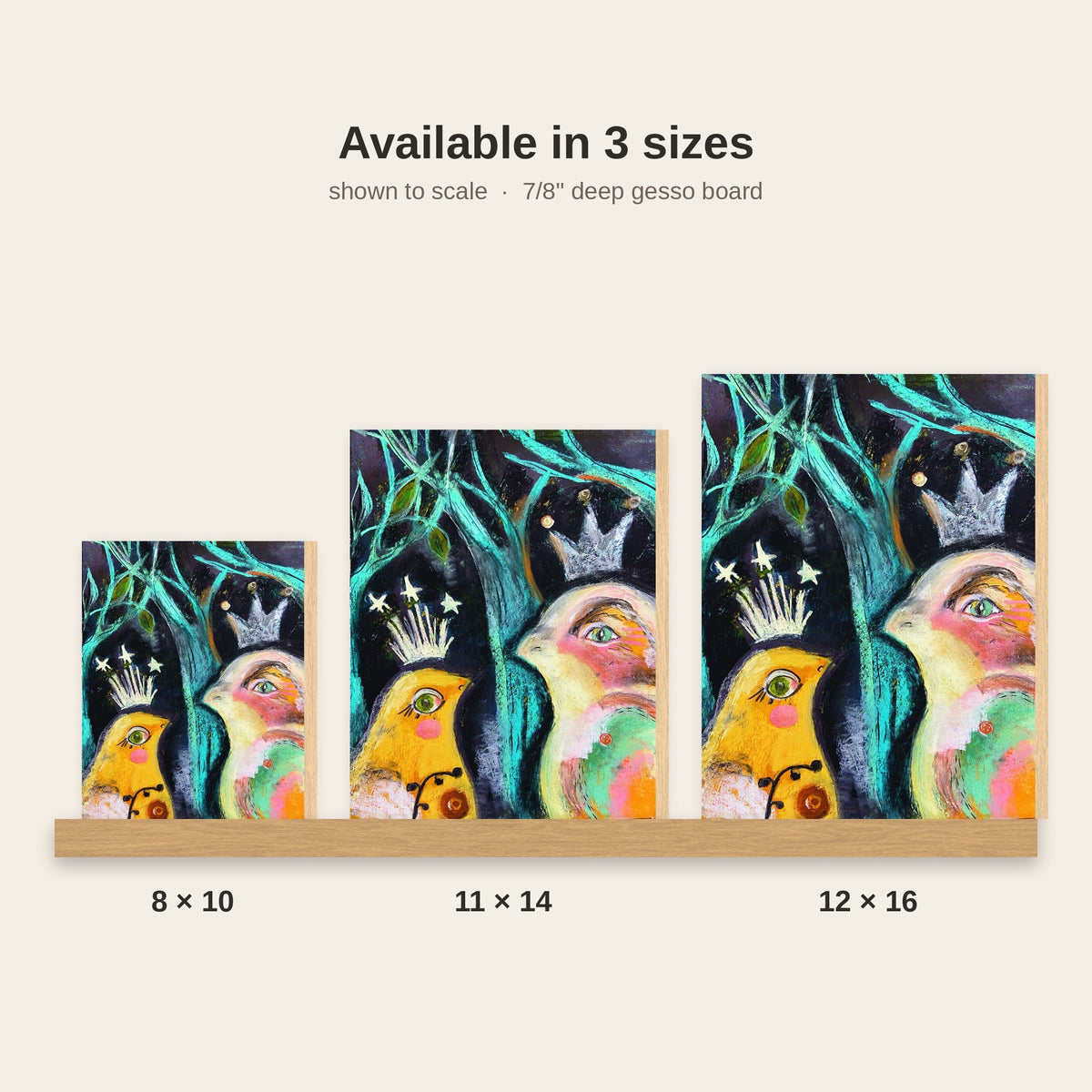 New Friend: Two Birds Whimsical Wall Art Print on Board, Turquoise & Yellow Folk Art