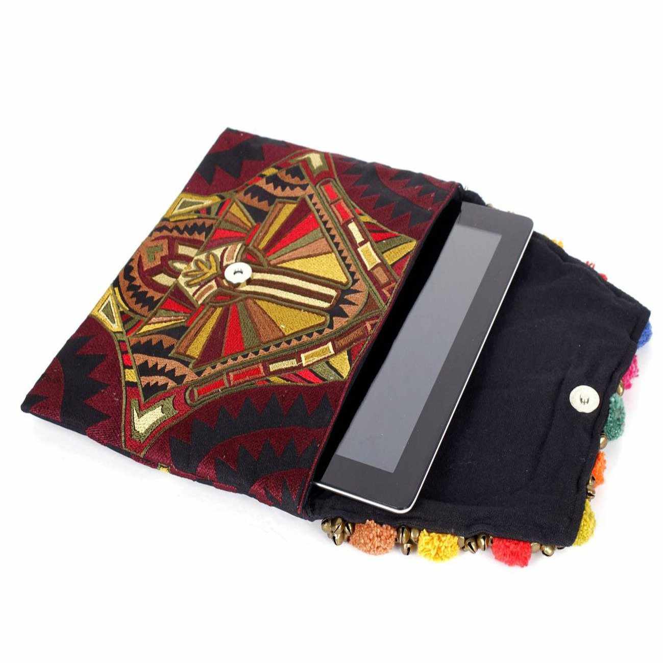 Pom Pom Embroidered Tribal Clutch | iPad Bag - Thailand