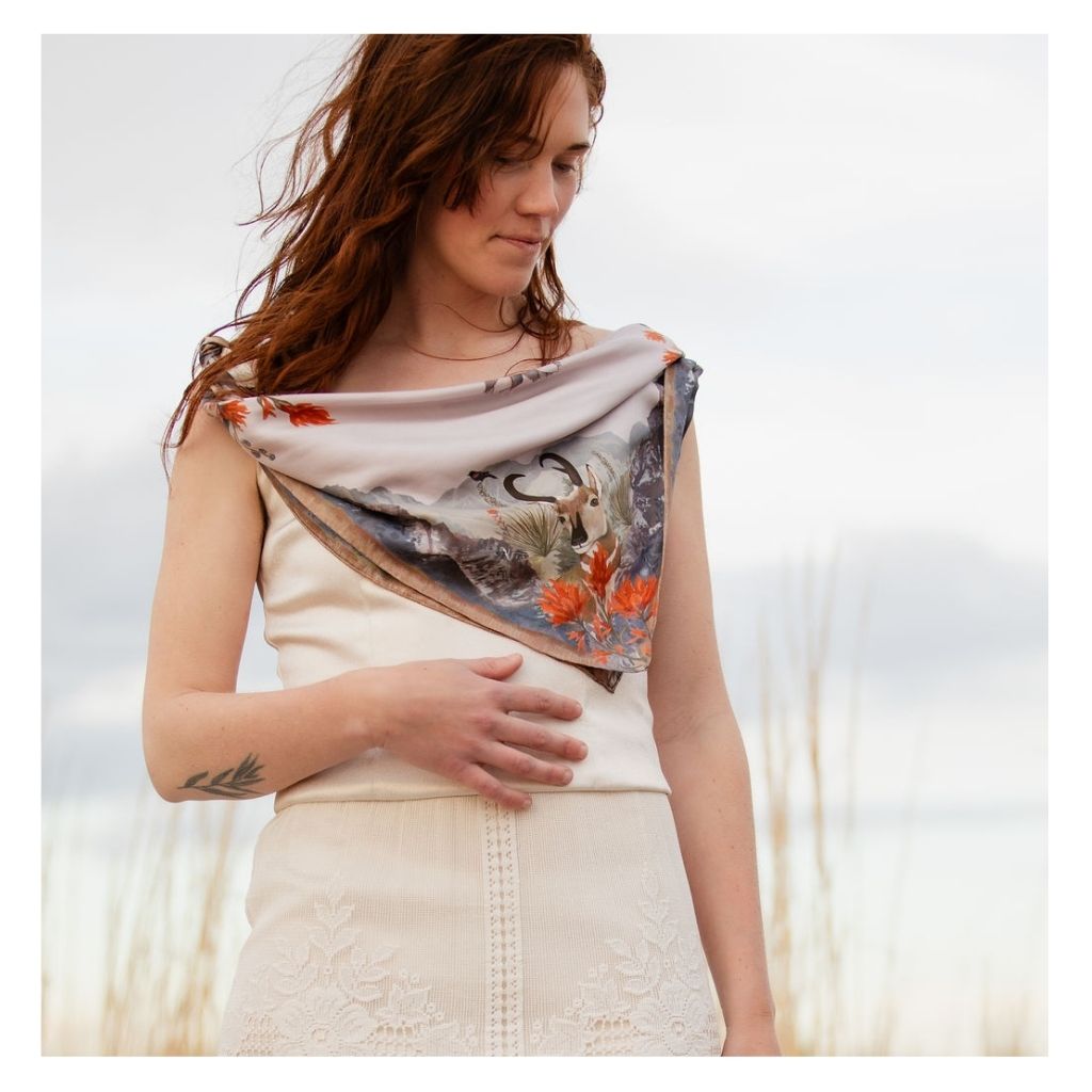 100% Silk Scarf: San Luis - Landscape Wildlife Floral