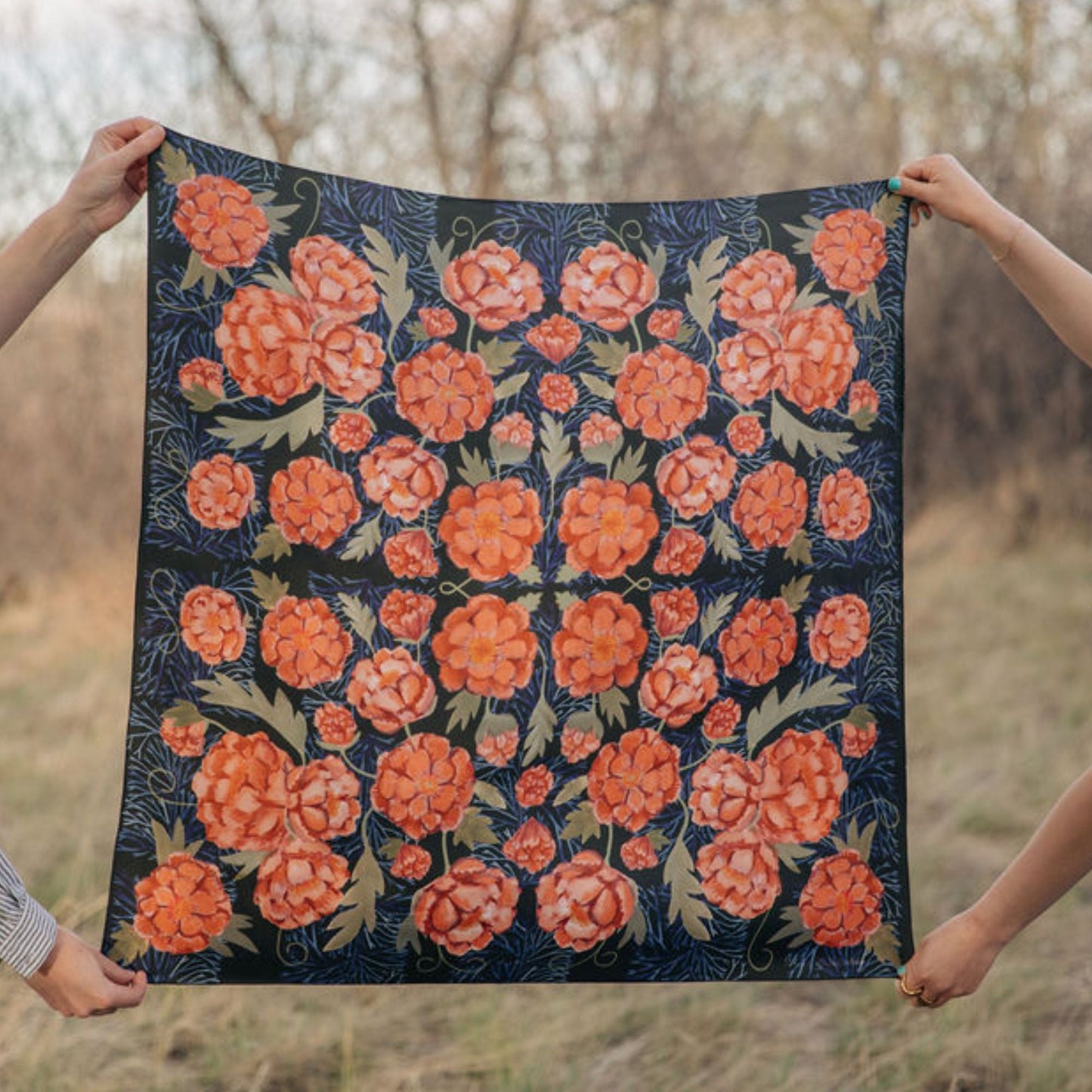 100% Silk Scarf: Guadalupe - Dark Floral Pattern