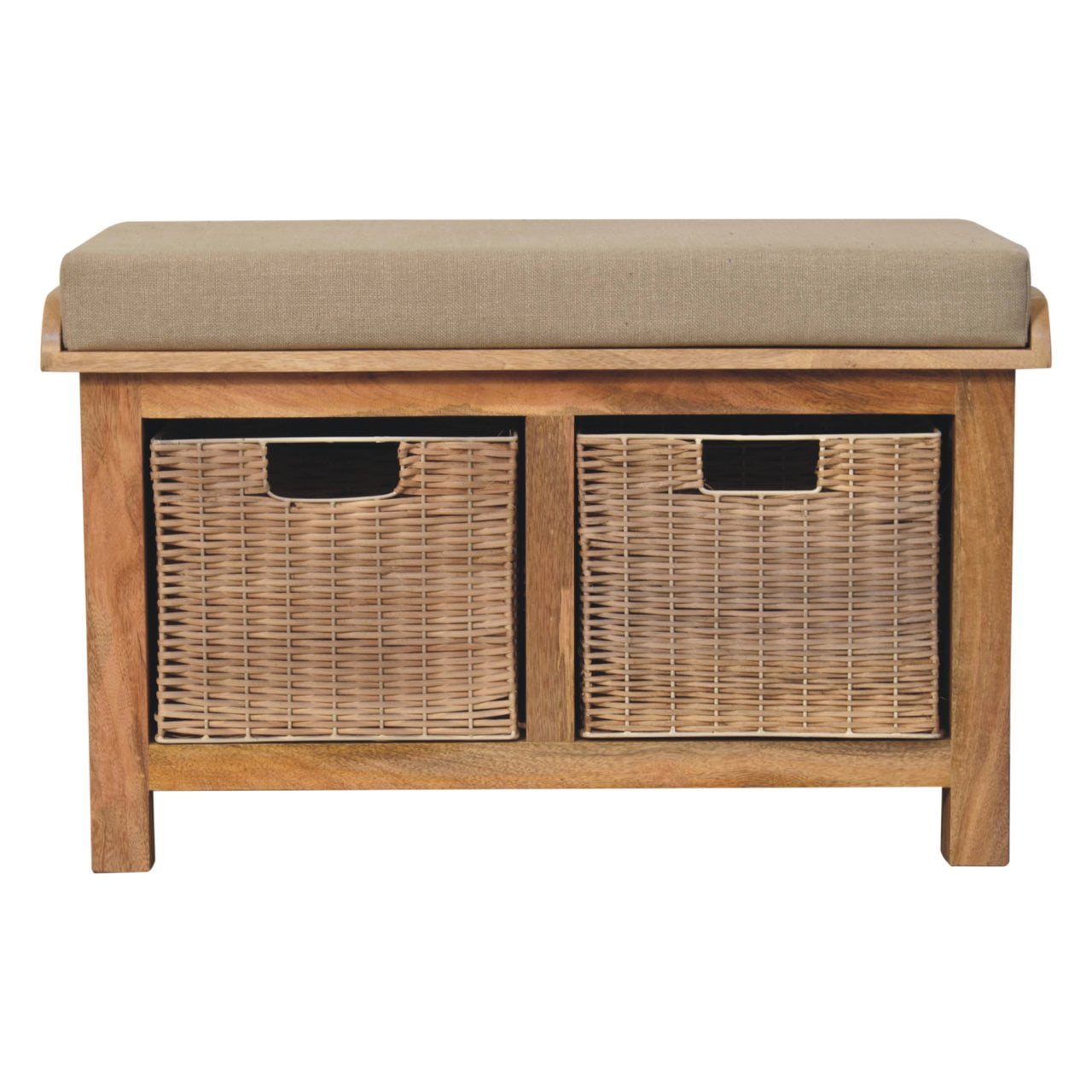 Solid Wood Rattan Basket Linen Upholstered Bench