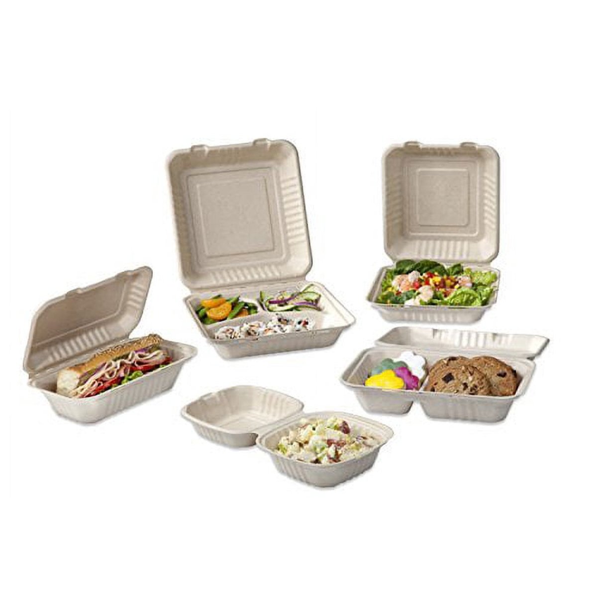 Bridge-Gate 6in Hingeware Biodegradable Bagasse Food Container, Tan (QTY 400), SKU BG-ECO-6-HW