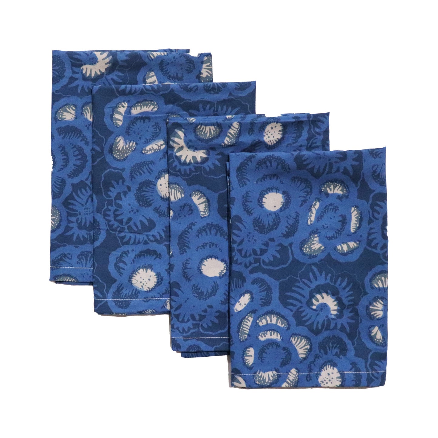 Batik Cloth Napkin Set of Four, Blue Roses, Hand Dyed, 100% Cotton