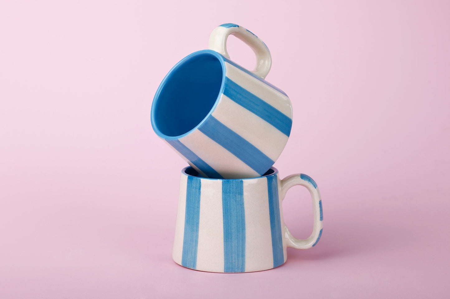 Ceramic Aqua Blue Stripe  Coffee cup - 3.5 x 2.5 Inches ( Set of 2 )
