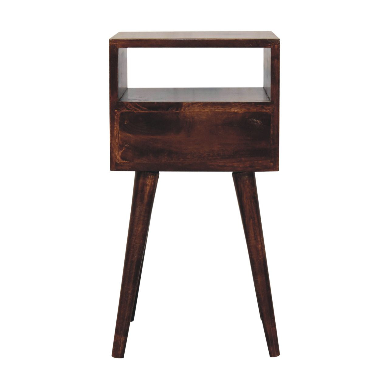 Solid Wood Mini California Walnut Nightstand, 1-Drawer, 1 Open-Slot, Nordic Legs, Dark Brown