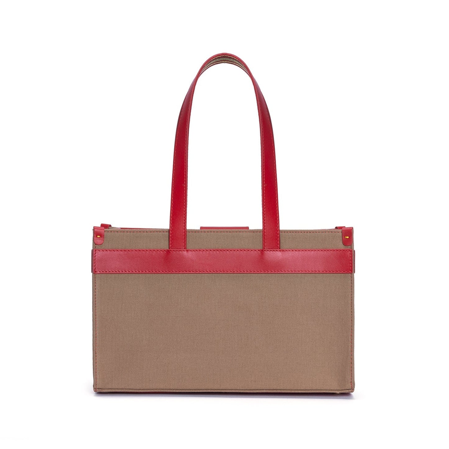 Midi Red Leather & Tobacco Canvas Tote Bag with Pockets