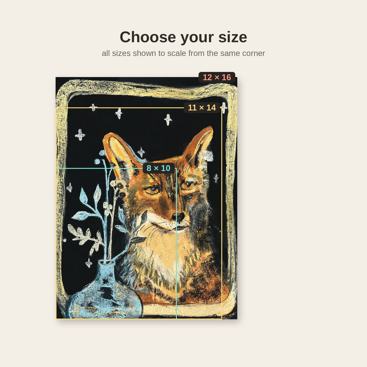 Fox in the Window with Vase, Starry Night Wildlife Art Print on Board