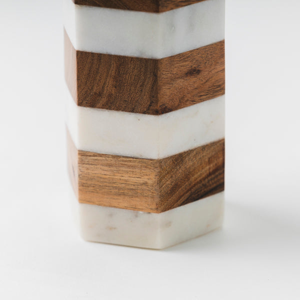 Striped Marble & Acacia Candleholder