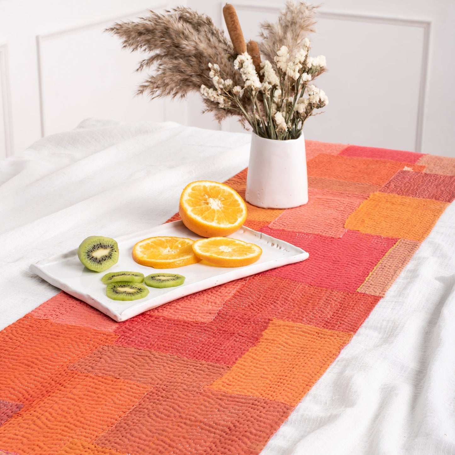 Mosaic Fray Patch Vintage Kantha Runner - Carrot