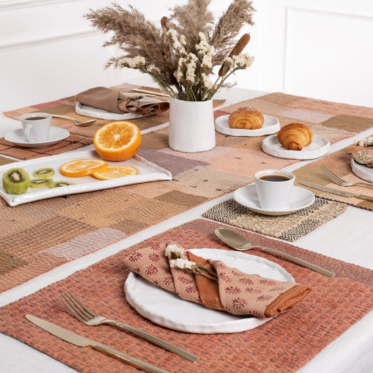 Mosaic Fray Patch Vintage Kantha Table Runner - Mushroom