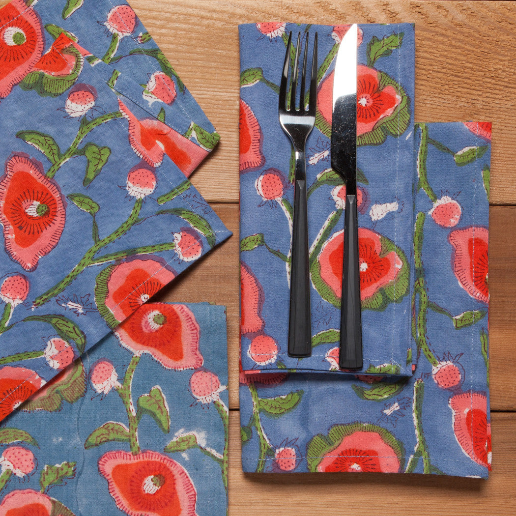 Set of 4 Napkin Block Print Poppy