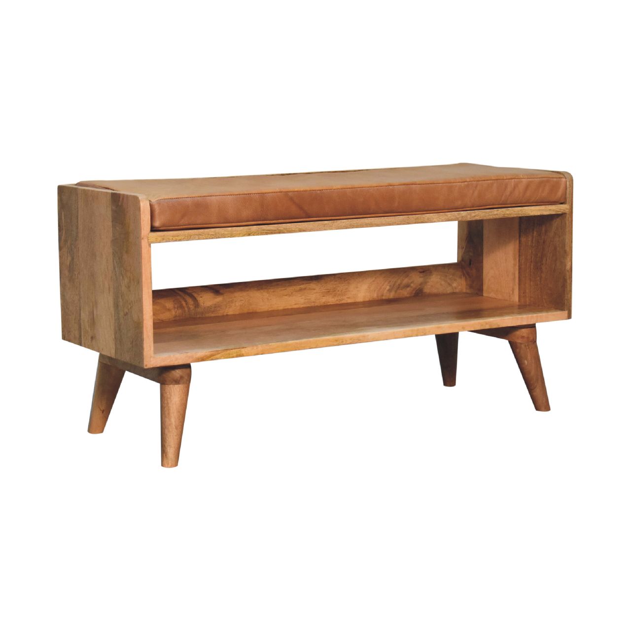 Solid Wood Bench with Leather Upholstered Seat