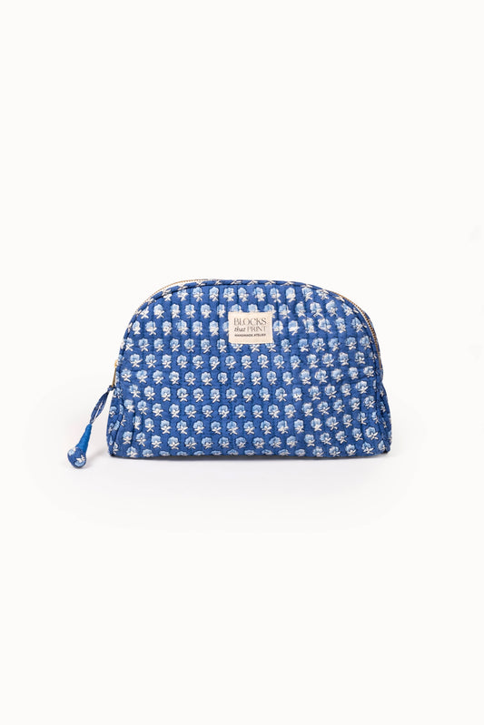 Medium Block Print Quilted Travel Pouch - Parijat Blue