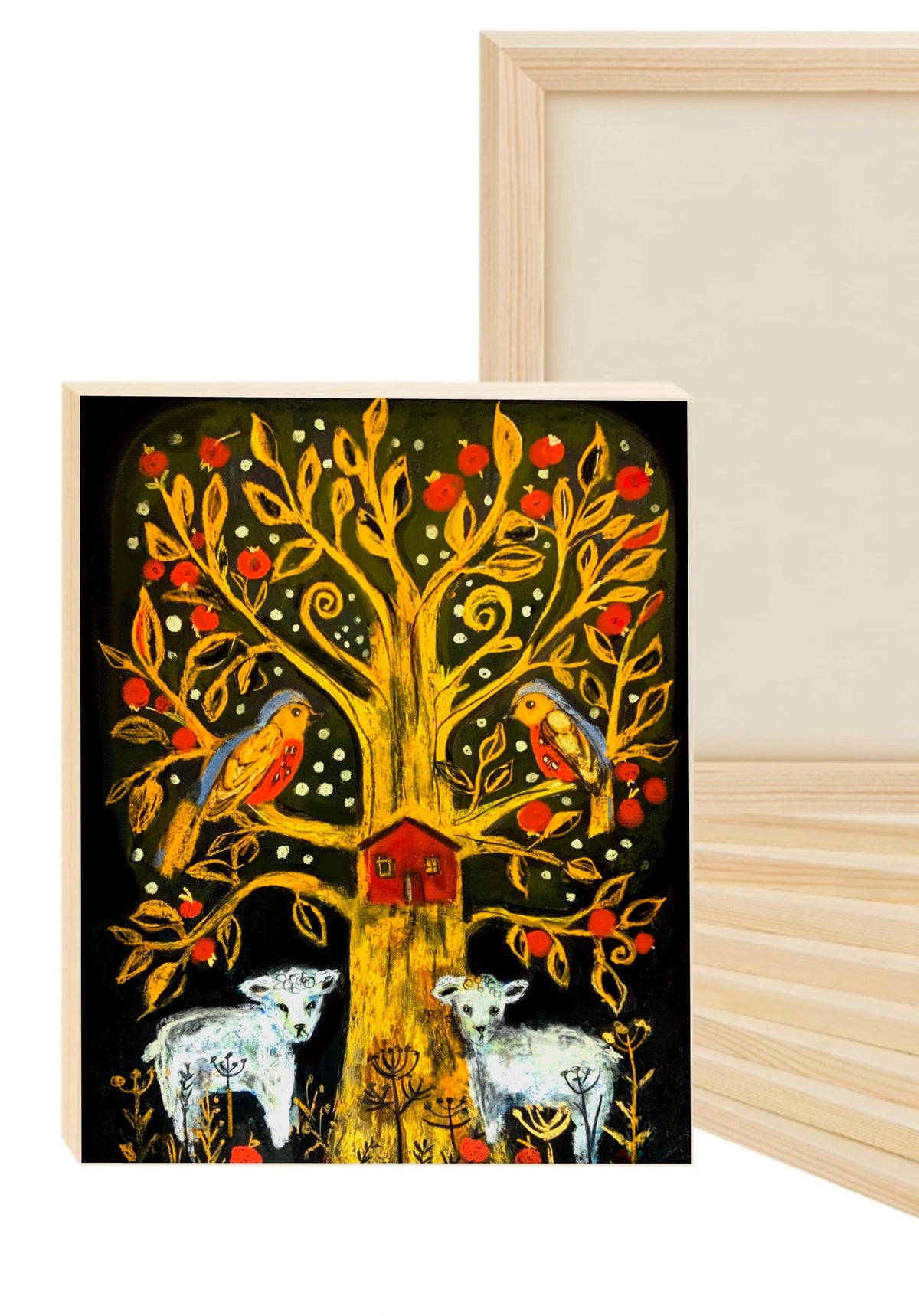 Tree of Life: Apple Tree and Lambs Soft Pastel Art Print on Board