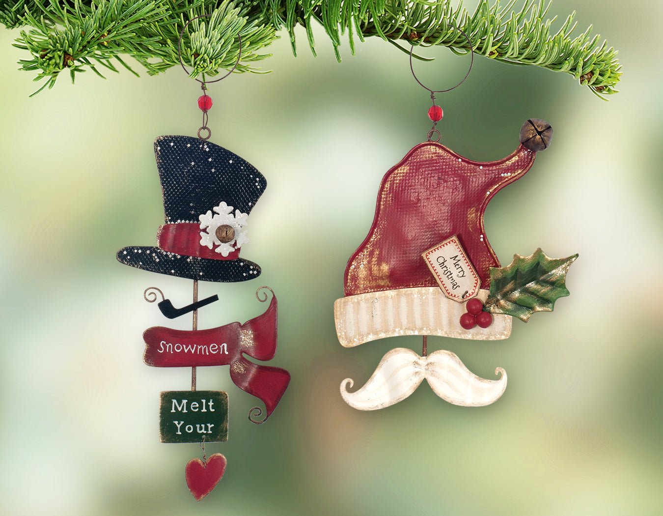 Festive Vintage Metal Holiday Hats Ornaments - Set of 4