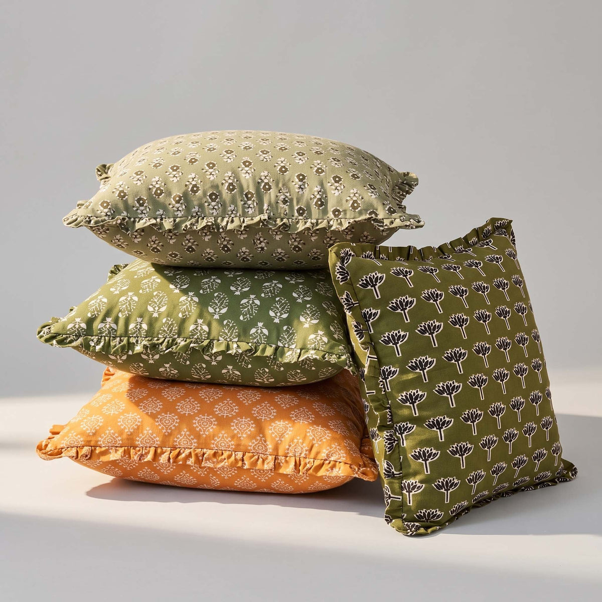 Block-Printed Pillow Cover | 20x20 Ruffled Cotton, Hidden Zipper