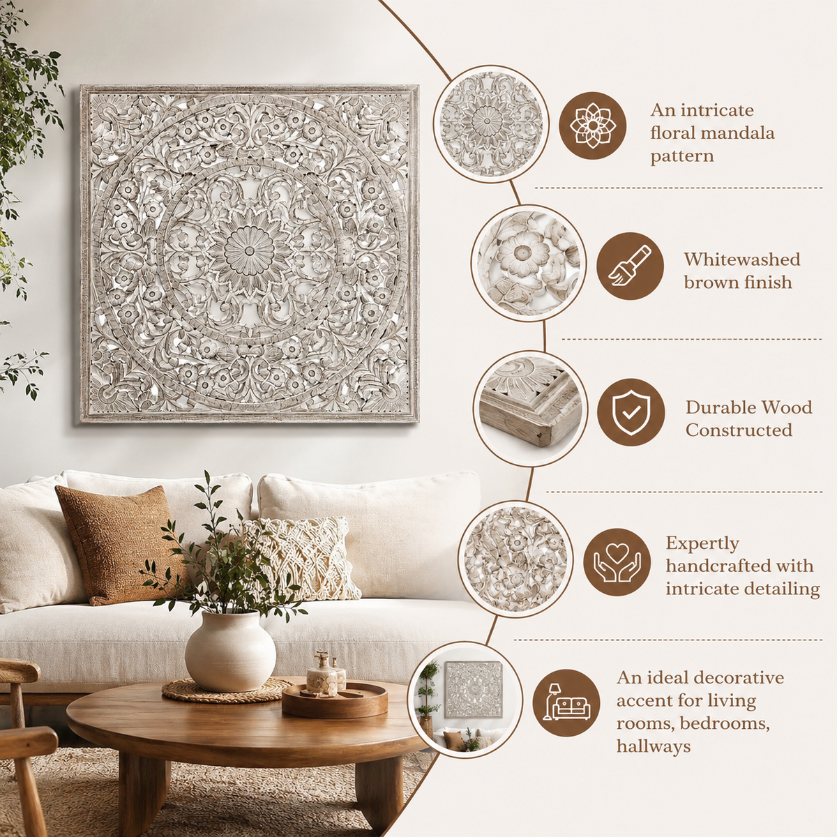 Mandala Hand Carved Wall Décor | Wooden Wall Art, 48 x 48"