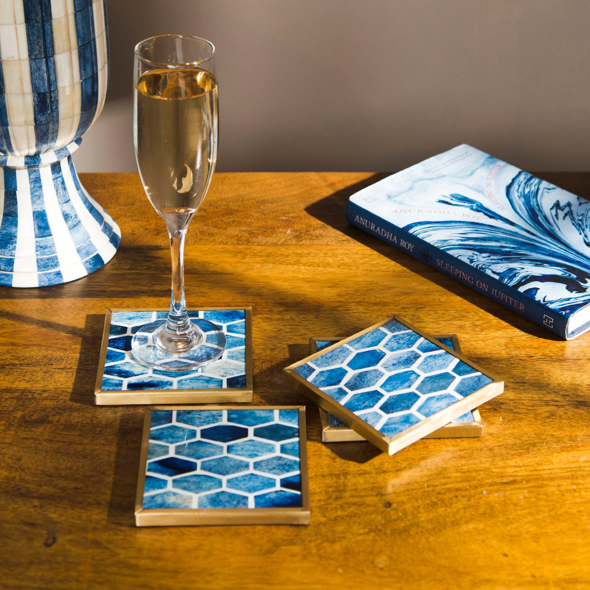 Gramercy Bone Inlay Coasters with Brass Trim – Set of 4