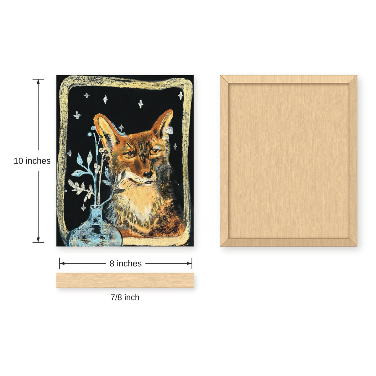 Fox in the Window with Vase, Starry Night Wildlife Art Print on Board