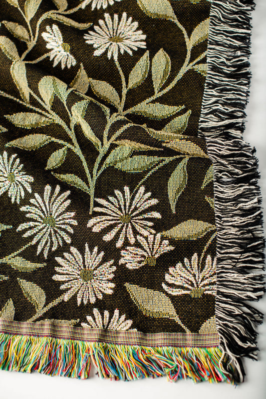 Black and Gold Floral Botanical Jacquard Woven Throw