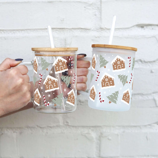 Gingerbread Winter House 17oz Glass Mug With Lid and Straw