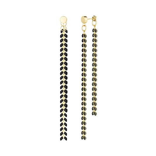 Elegante Black Enamel Chevron Dangle Earrings | Gold Filled