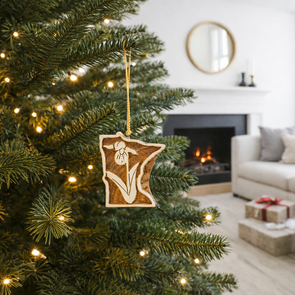 Minnesota State Lady Slipper Ornament - Hand Carved State Flower