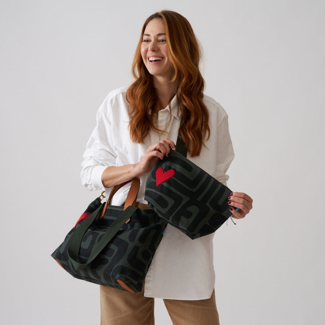Large Convertible Pouch - Safari Kuba with Beaded Red Heart with Short Leather Strap