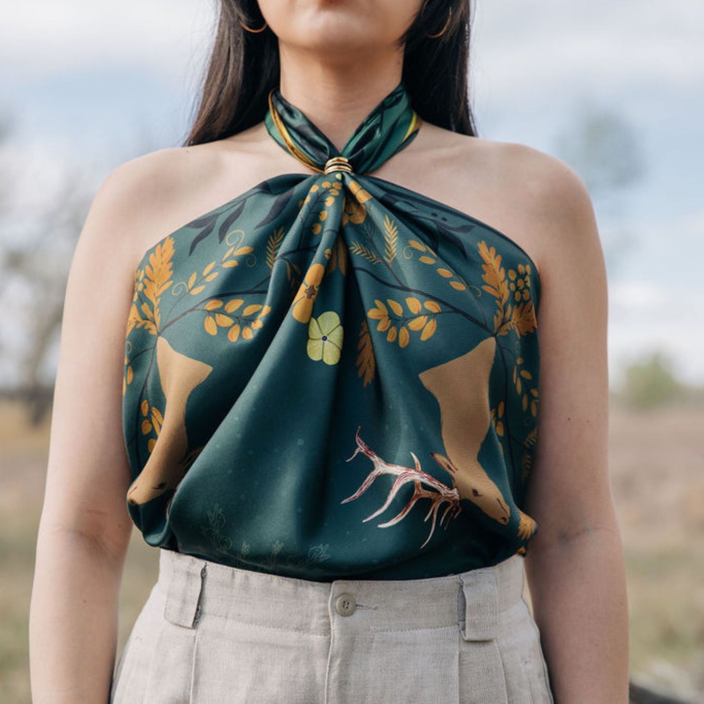 100% Silk Scarf: Haven - Golden Wildflowers & Elk