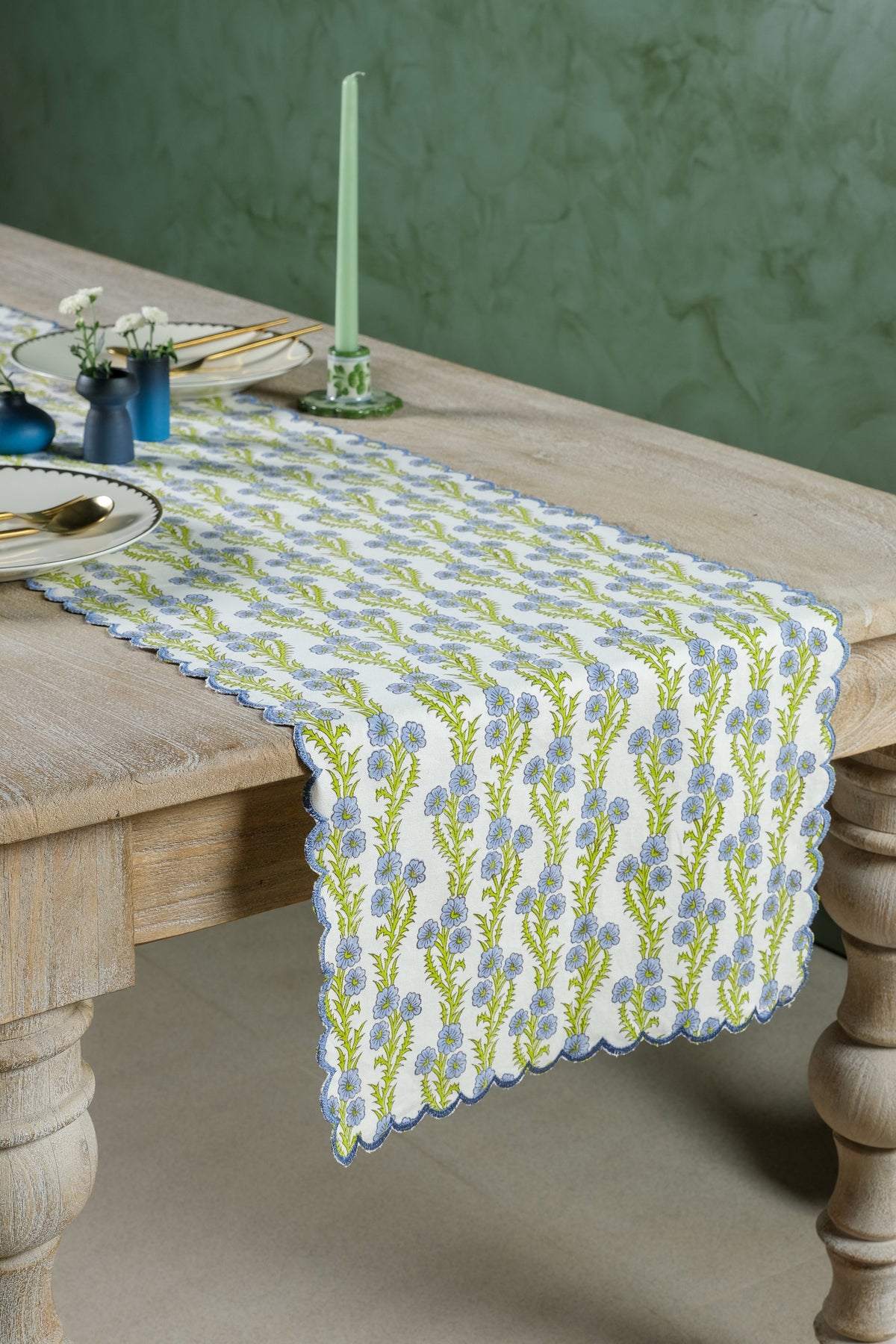 Forget-Me-Not Scallop Embroidered Blockprint Table Runner