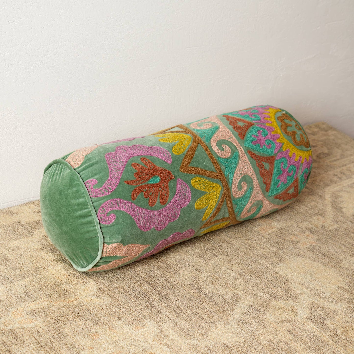 Decorative Suzani Embroidered Bolster Pillow - 21" X 8"