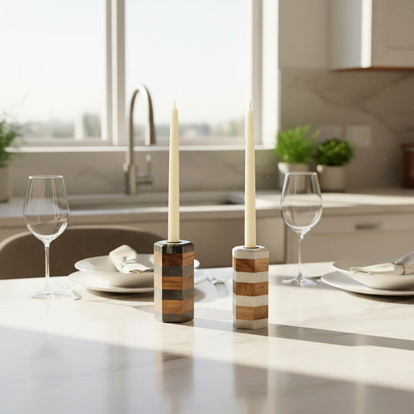 Striped Marble & Acacia Candleholder