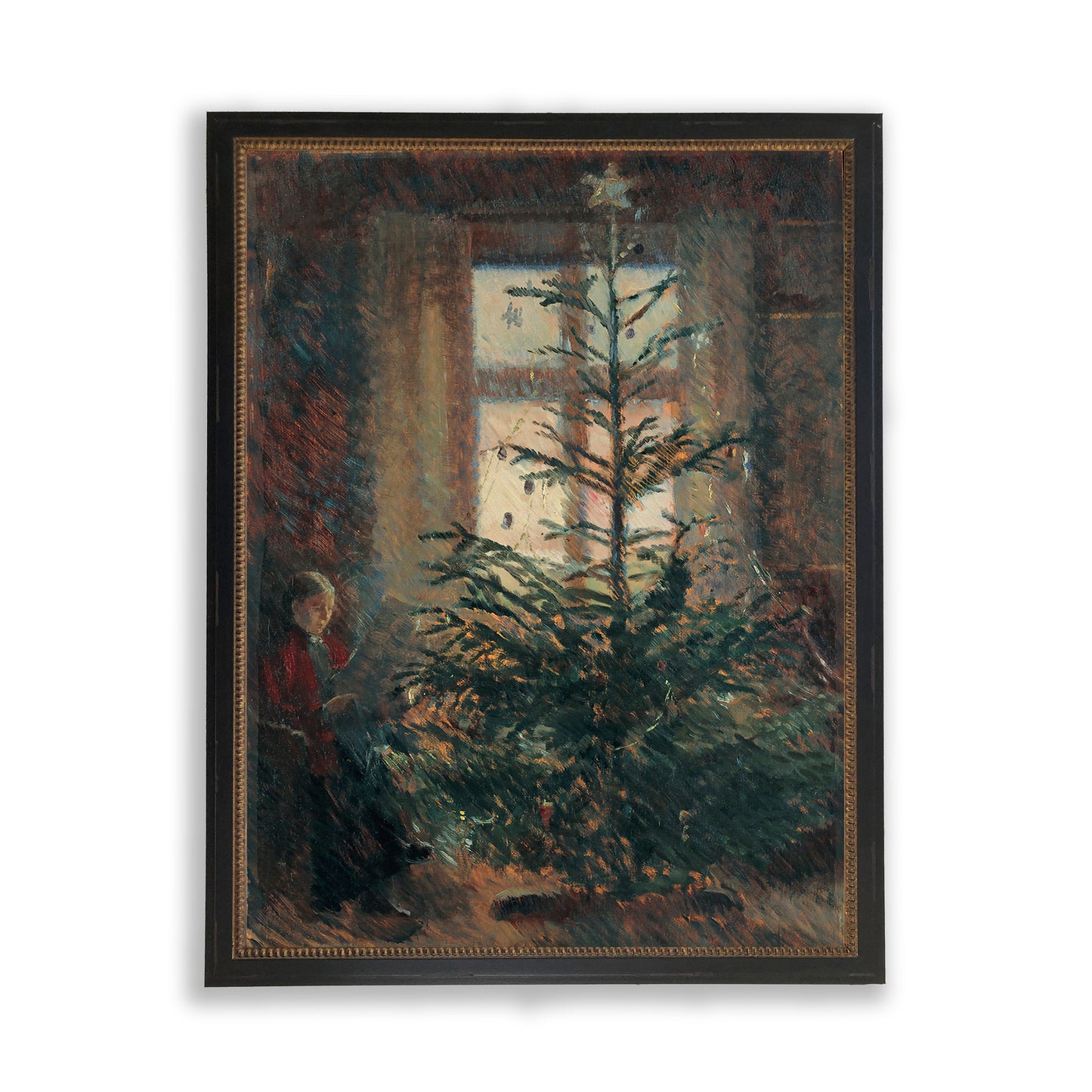 Christmas Tree Scene Reproduction Oil Painting with Beaded Frame