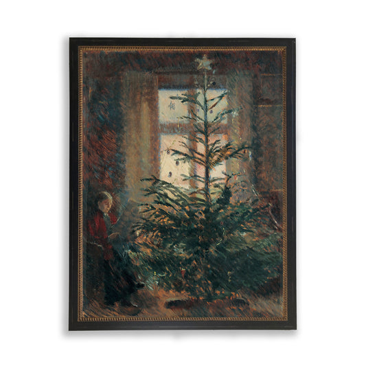 Christmas Tree Scene Reproduction Oil Painting with Beaded Frame