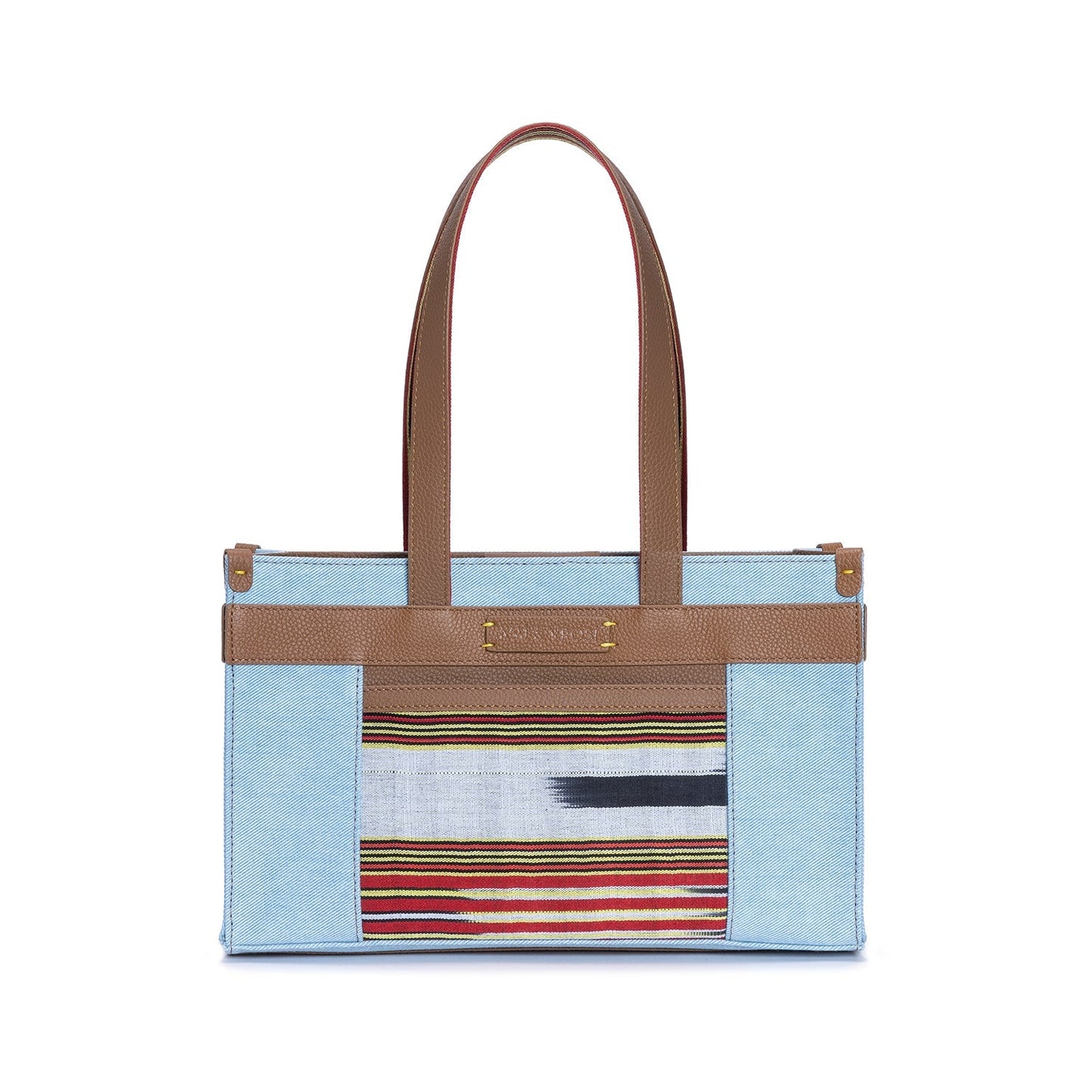 Midi Tobacco Leather & Denim Canvas Tote Bag with Pockets