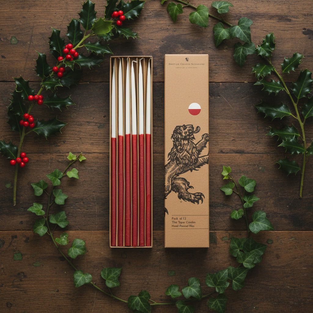 Thin Taper Candles - Two-Tone in Guardsman Red and Pearl