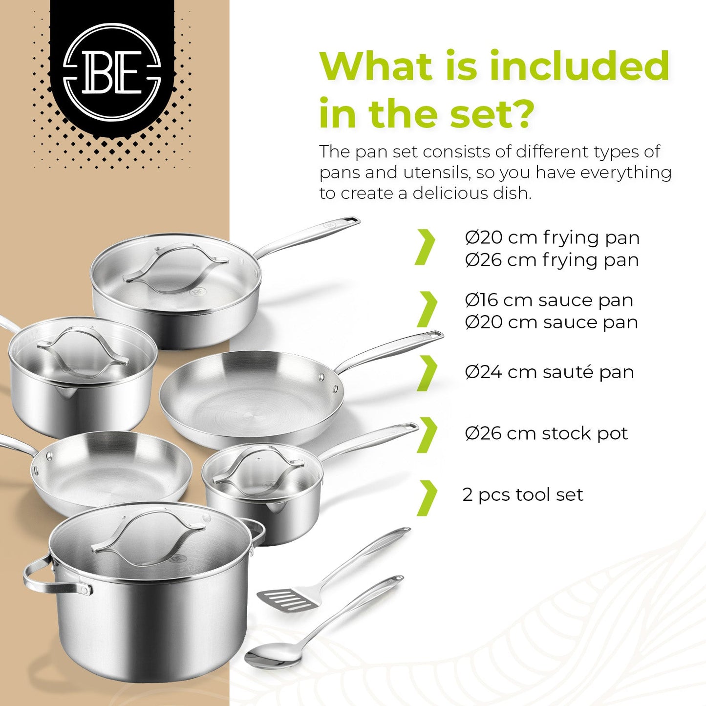 BE | LIVING - Essential Series - 12 pcs Cookware Set - Triply Stainless Steel