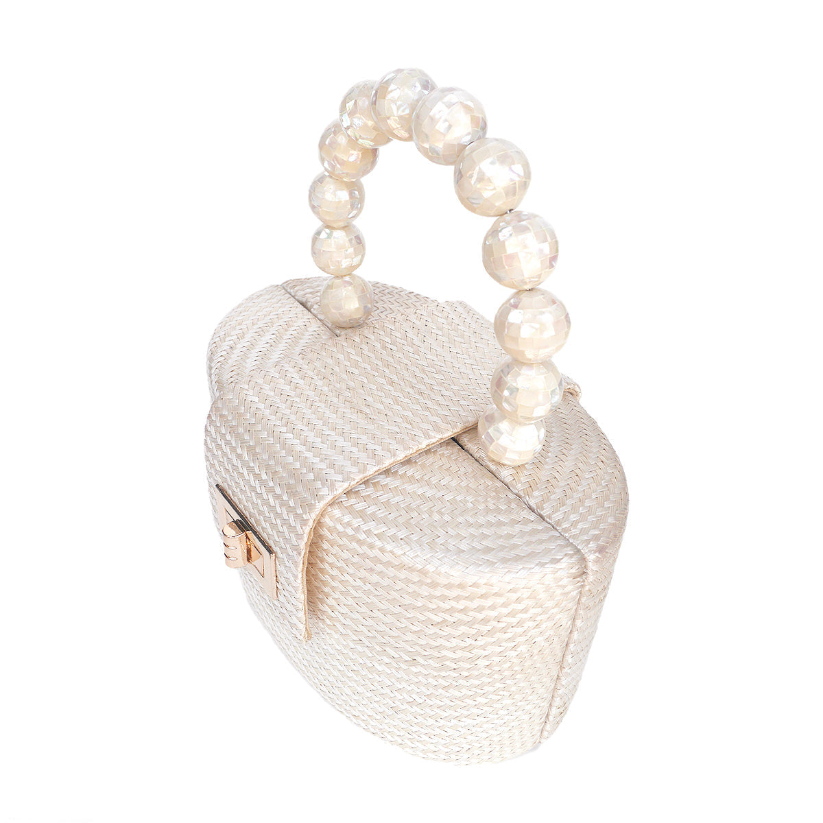 THE OLIVIA — Cream & Pearl Woven Straw Top-Handle Bag with Pearl Handle