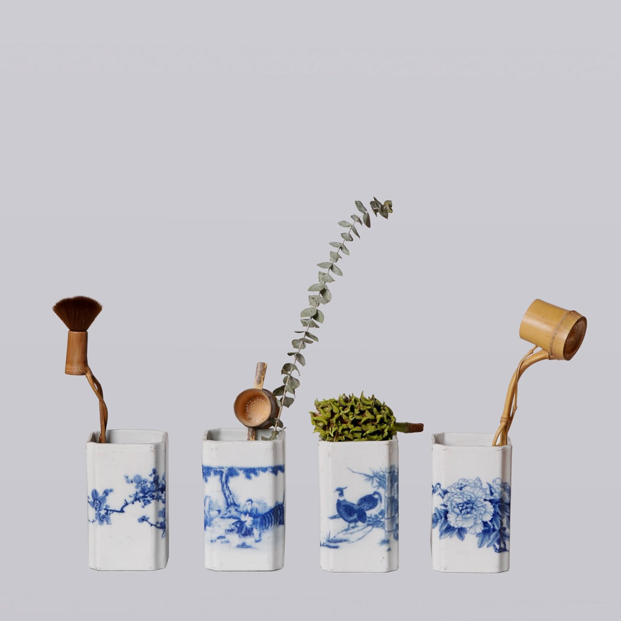 1920s Blue and White Porcelain Cherry Blossom Square Vase